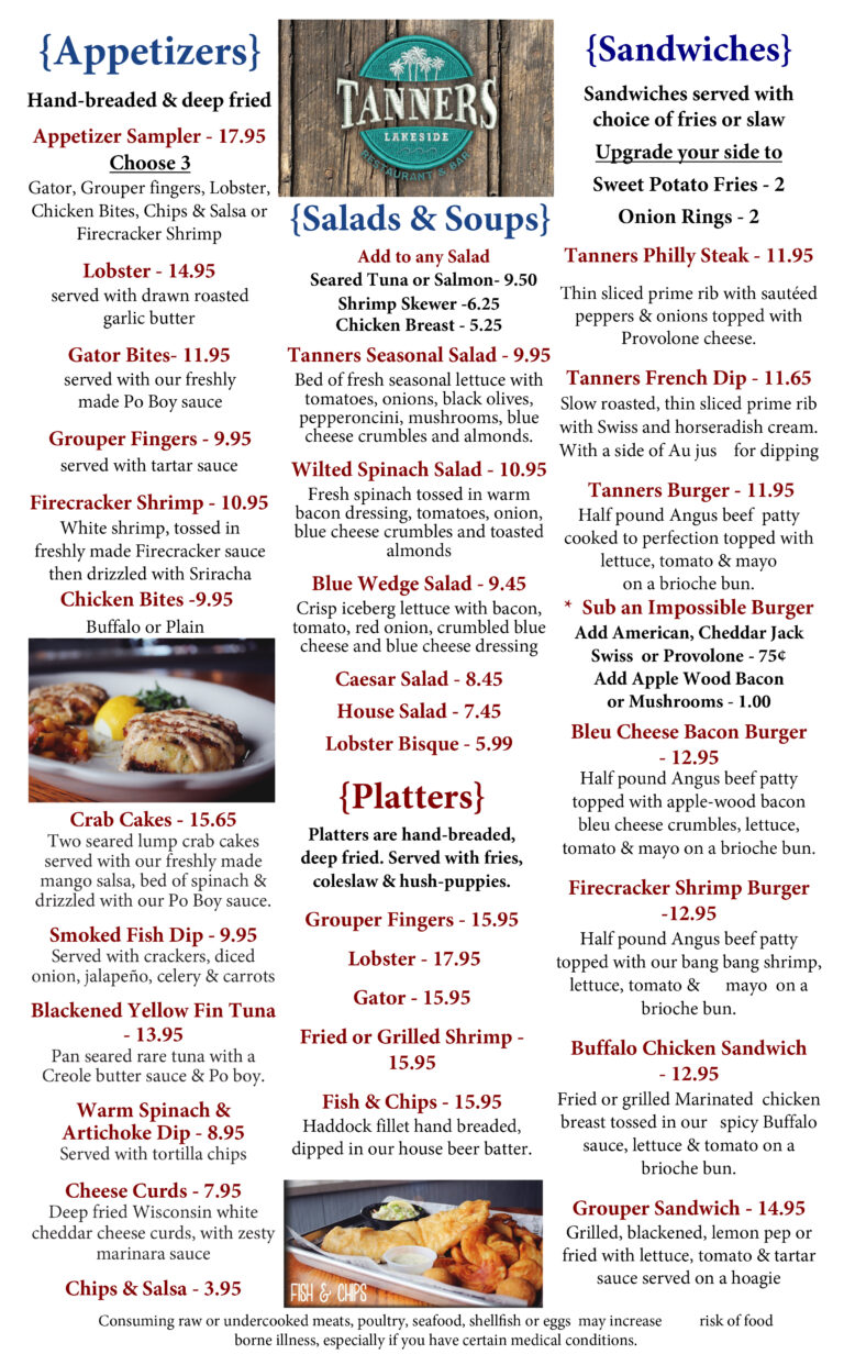 Tanners Lakeside Restaurant and Bar in Winter Haven, FL Menus