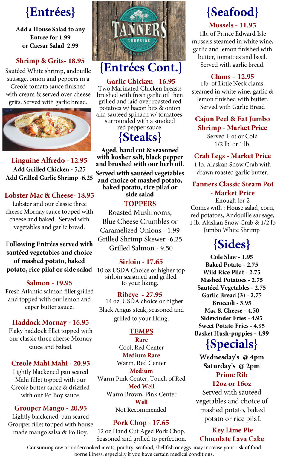 Tanners Lakeside Restaurant And Bar In Winter Haven FL Menus 